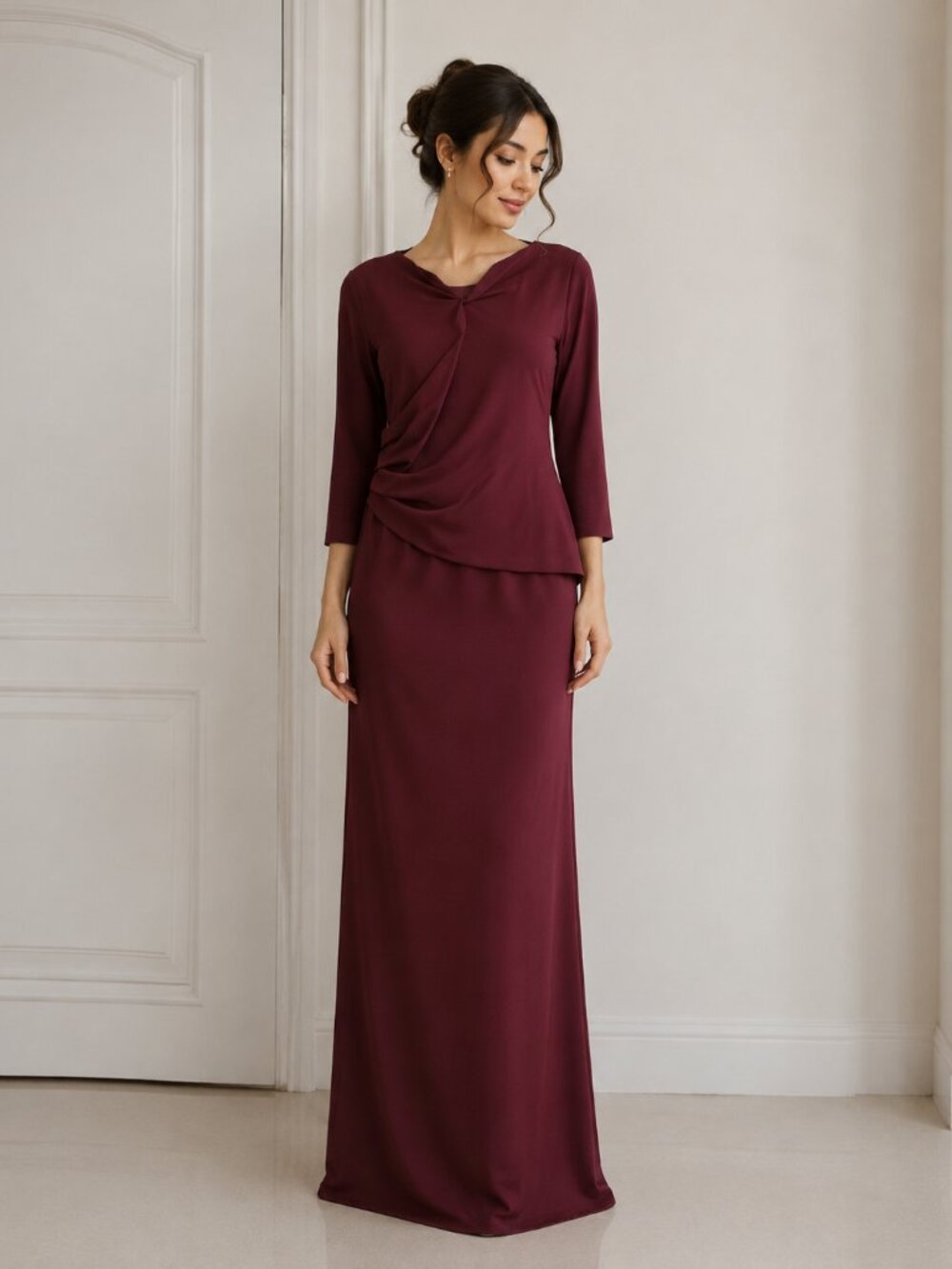 Chiara Boni La Petite Robe Ruched Column Gown | Three-Quarter Sleeve